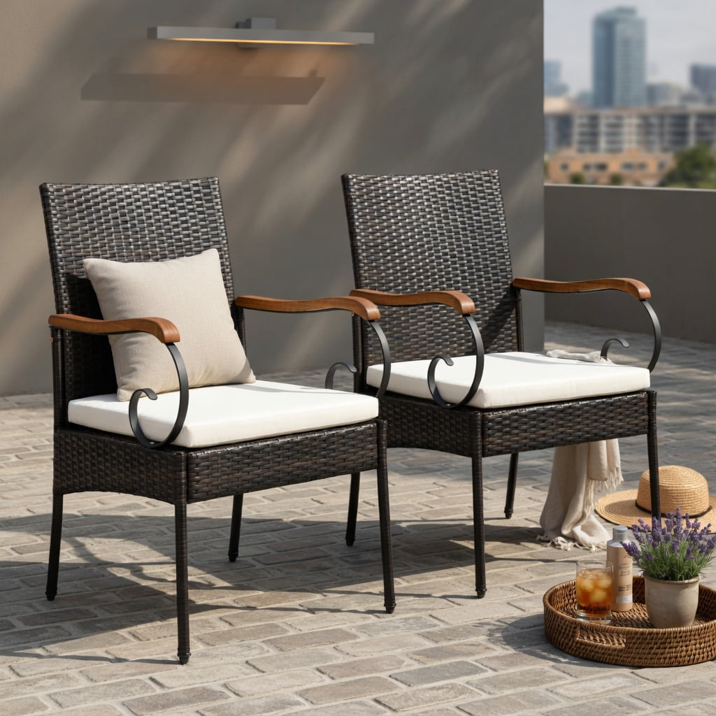 Hommoo 2-Piece Outdoor PE Wicker Dining Chairs with Acacia Wood Armrests, Weather-Resistant Patio Seating Set, Off-White Cushions, Sturdy X-Frame Design, Brown