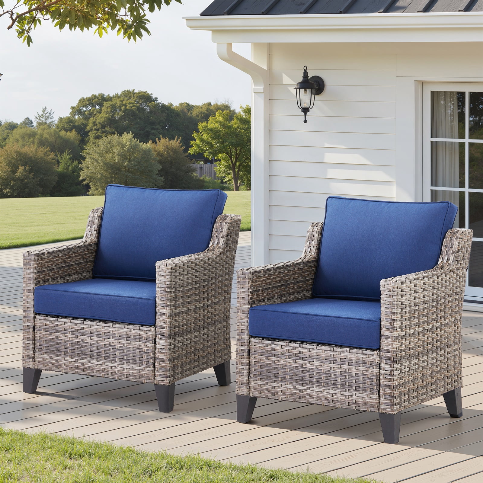 Hommoo 2-Piece Outdoor Patio Arm Chairs, Gray Wicker Furniture Patio Lounge Chairs Set of 2, for Porch, Poolside, Deck, and Yard, Blue