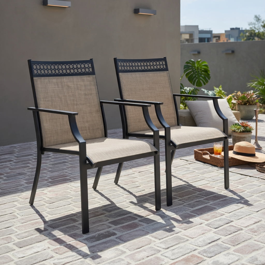 Hommoo 2-Piece Outdoor Patio Chair Set, All-Weather Breathable Fabric, Heavy-Duty Steel Frame, Poolside & Lawn Ready, Brown