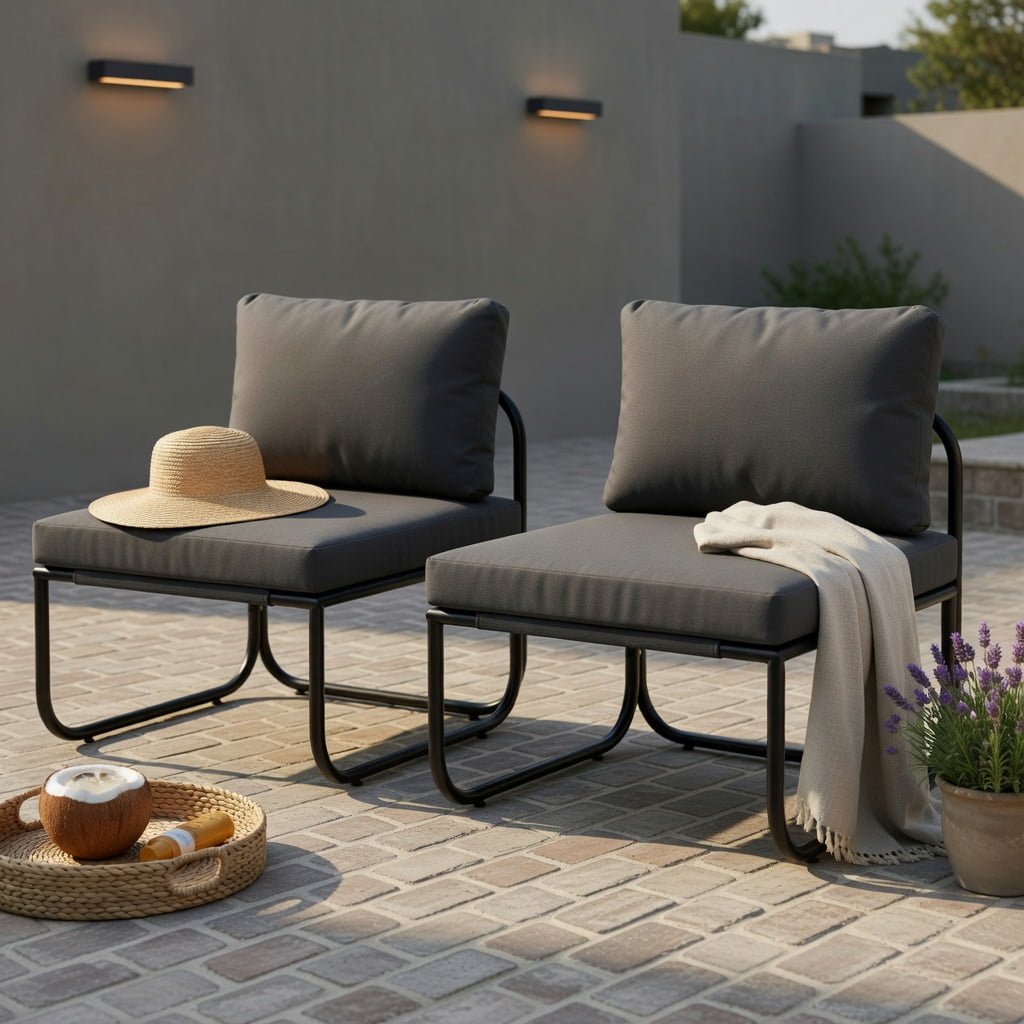 Hommoo 2-Piece Outdoor Patio Chair Set, Metal Chairs with Removable Cushions, Adjustable Feet, and Machine-Washable Covers for Backyard, Deck or Balcony, Gray