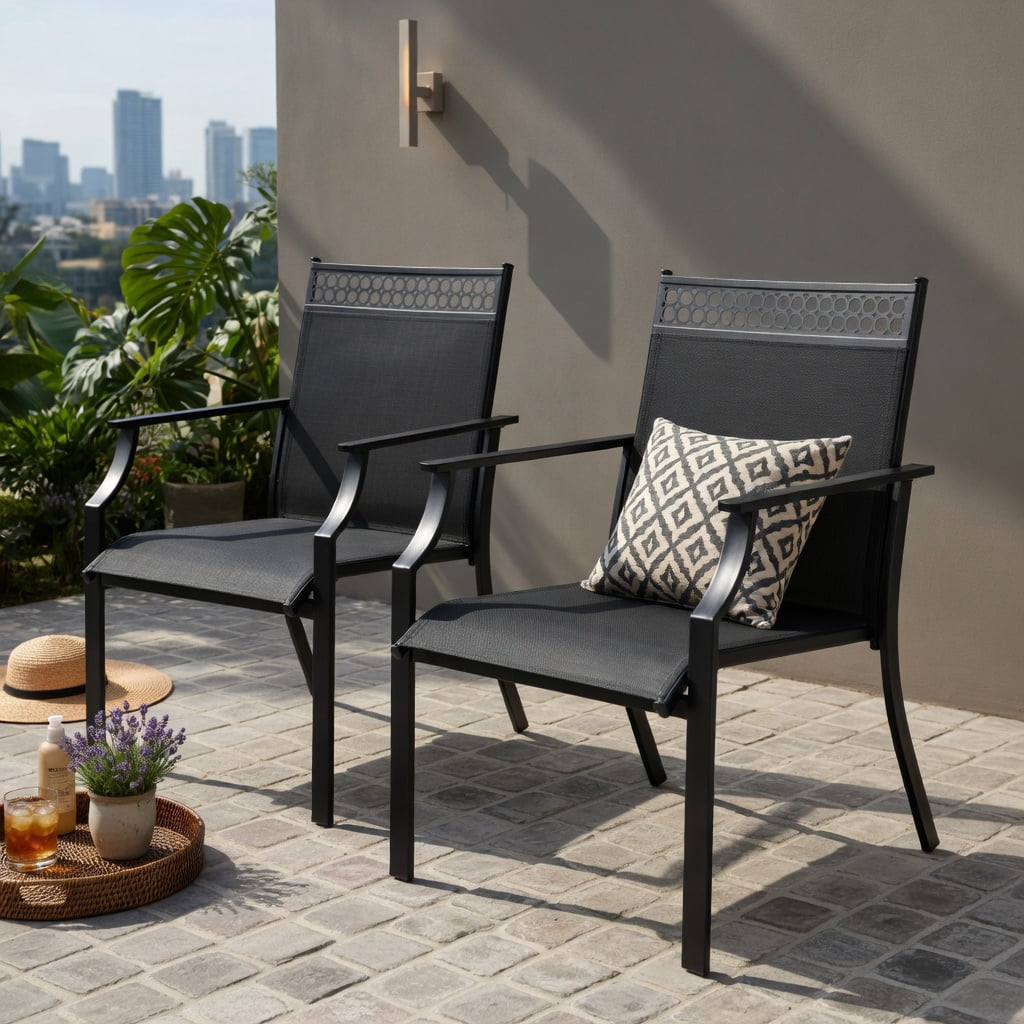 Hommoo 2-Piece Outdoor Patio Chairs Set, All-Weather Breathable Fabric, Heavy-Duty Steel Frame, Poolside & Lawn Ready, Black