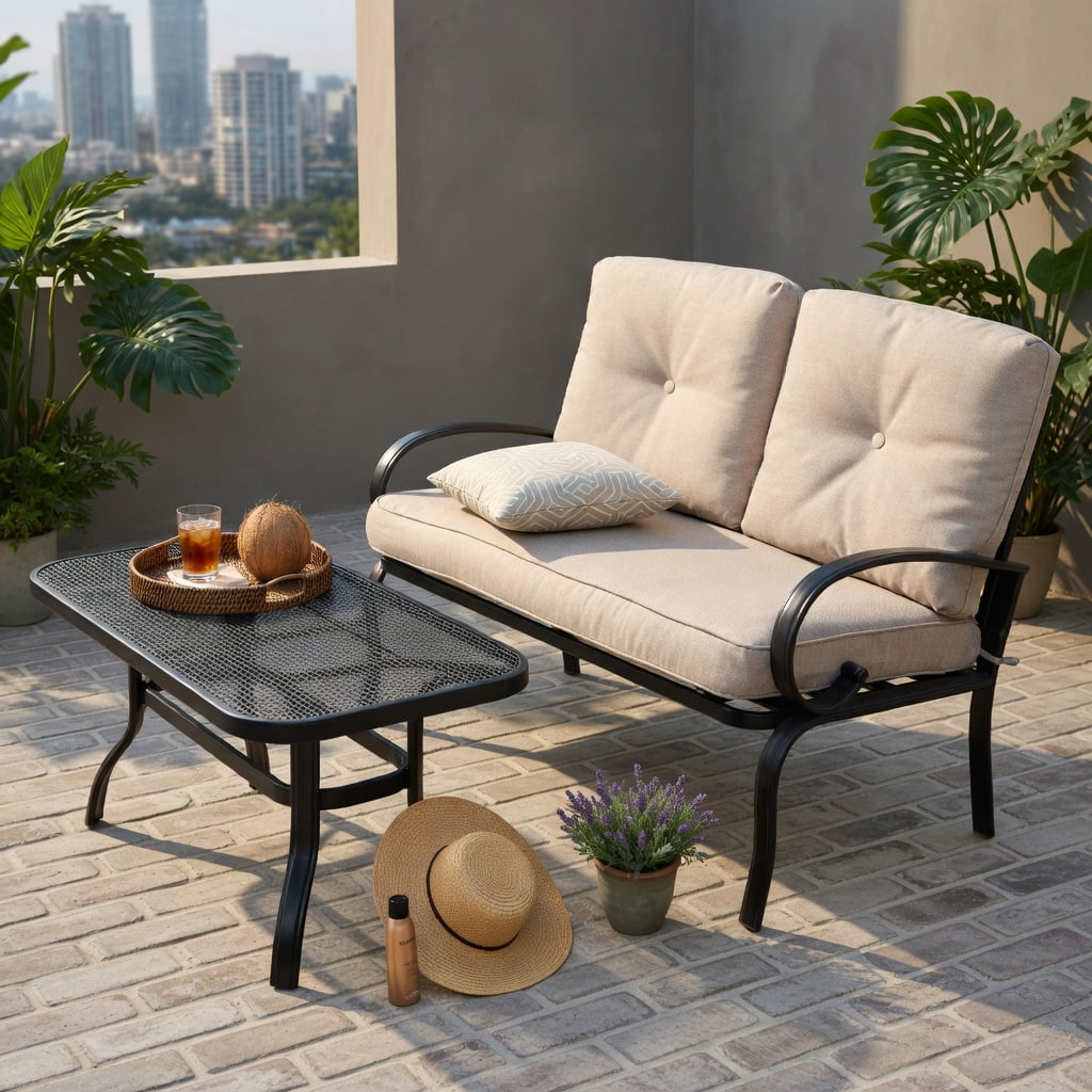 Hommoo 2-Piece Outdoor Patio Furniture Set, Cushioned Loveseat & Coffee Table with 4" Thick Cushions, Steel Frame, Easy-Clean Olefin Fabric, Beige
