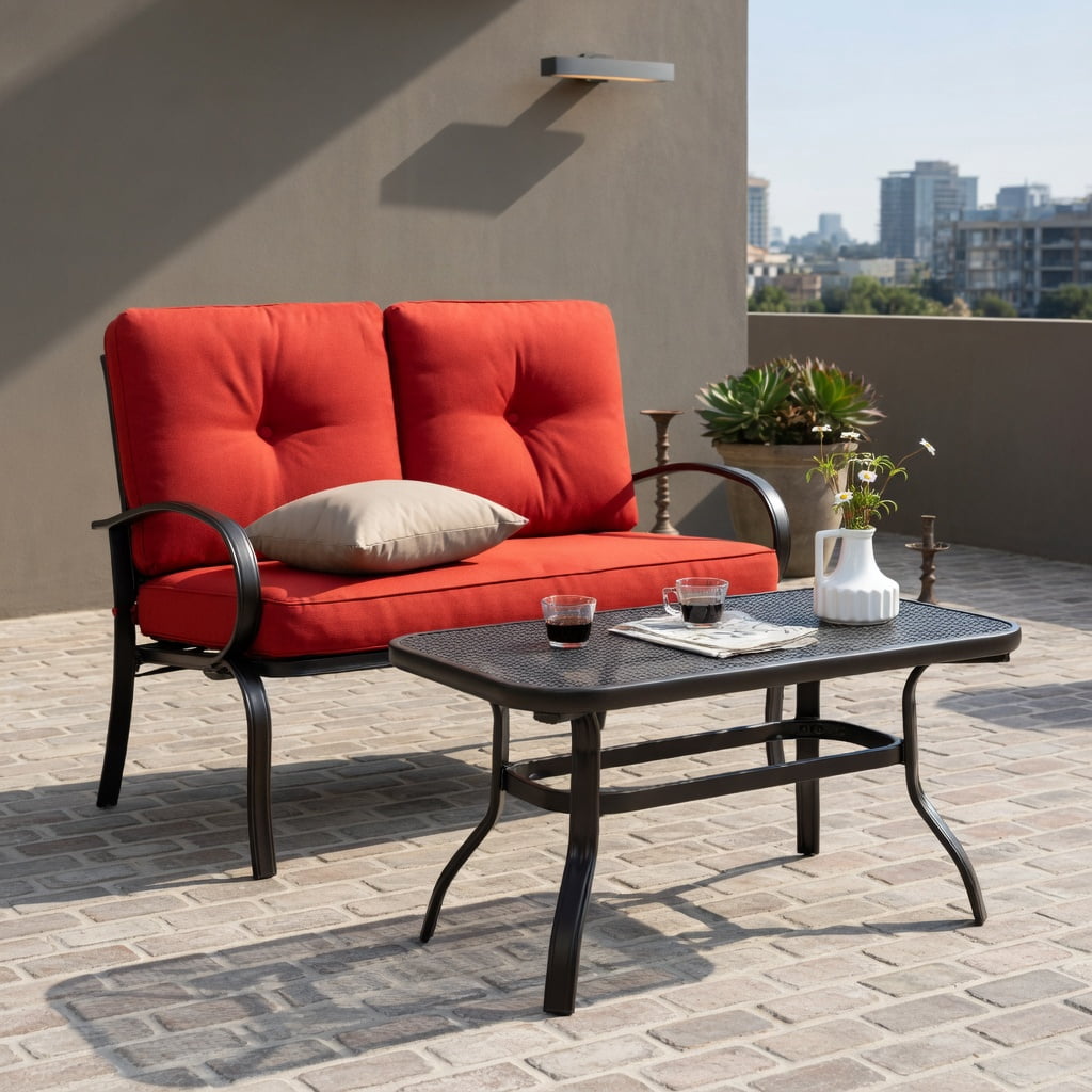 Hommoo 2-Piece Outdoor Patio Furniture Set, Cushioned Steel Loveseat & Coffee Table, 4" Thick Cushions, Easy Assembly, Red