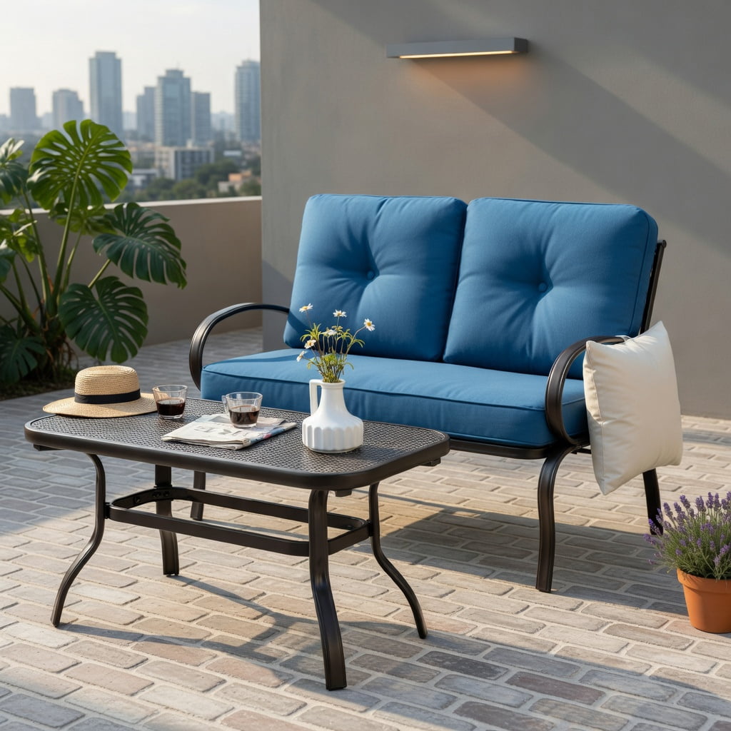 Hommoo 2-Piece Outdoor Patio Furniture Set, Cushioned Steel Loveseat & Coffee Table in Weather-Resistant, Easy-Clean Olefin Fabric, Navy