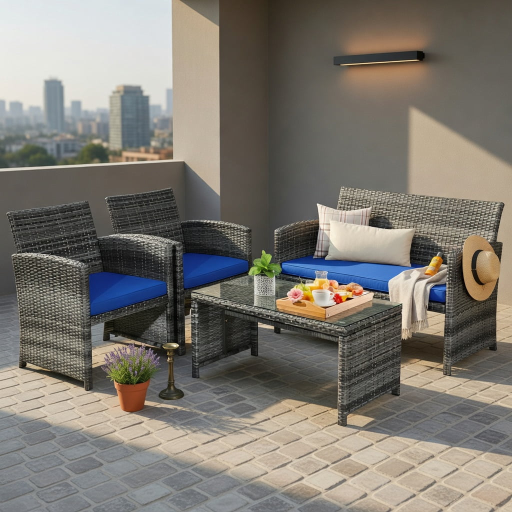 Hommoo 2-Piece Outdoor Patio Loveseat & Coffee Table Set with Cushions, Steel Frame, Weather-Resistant, Turquoise