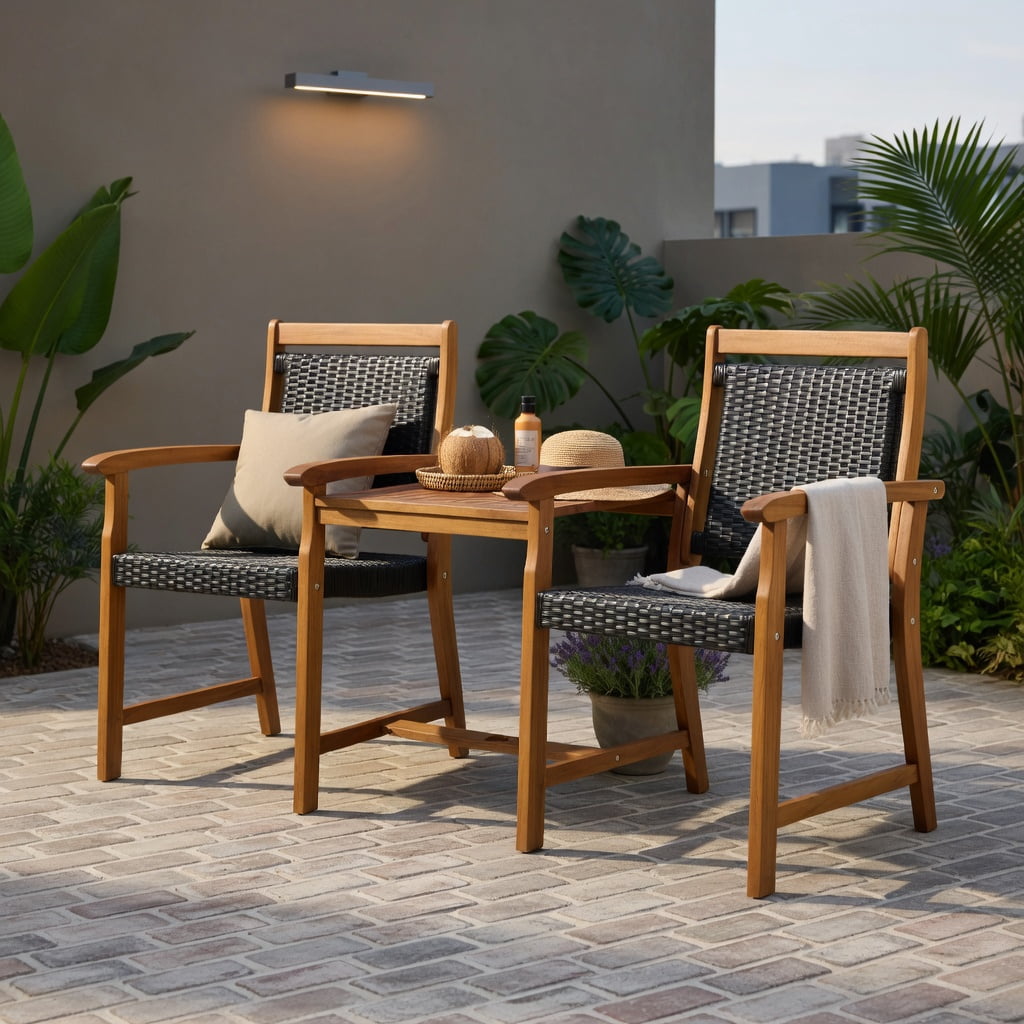 Hommoo 2-Piece Outdoor Patio Seating Set with Acacia Wood Frame & PE Rattan Chairs + Coffee Table, All-Weather Garden Sofa Set for Deck, Backyard, or Balcony, Reddish Brown