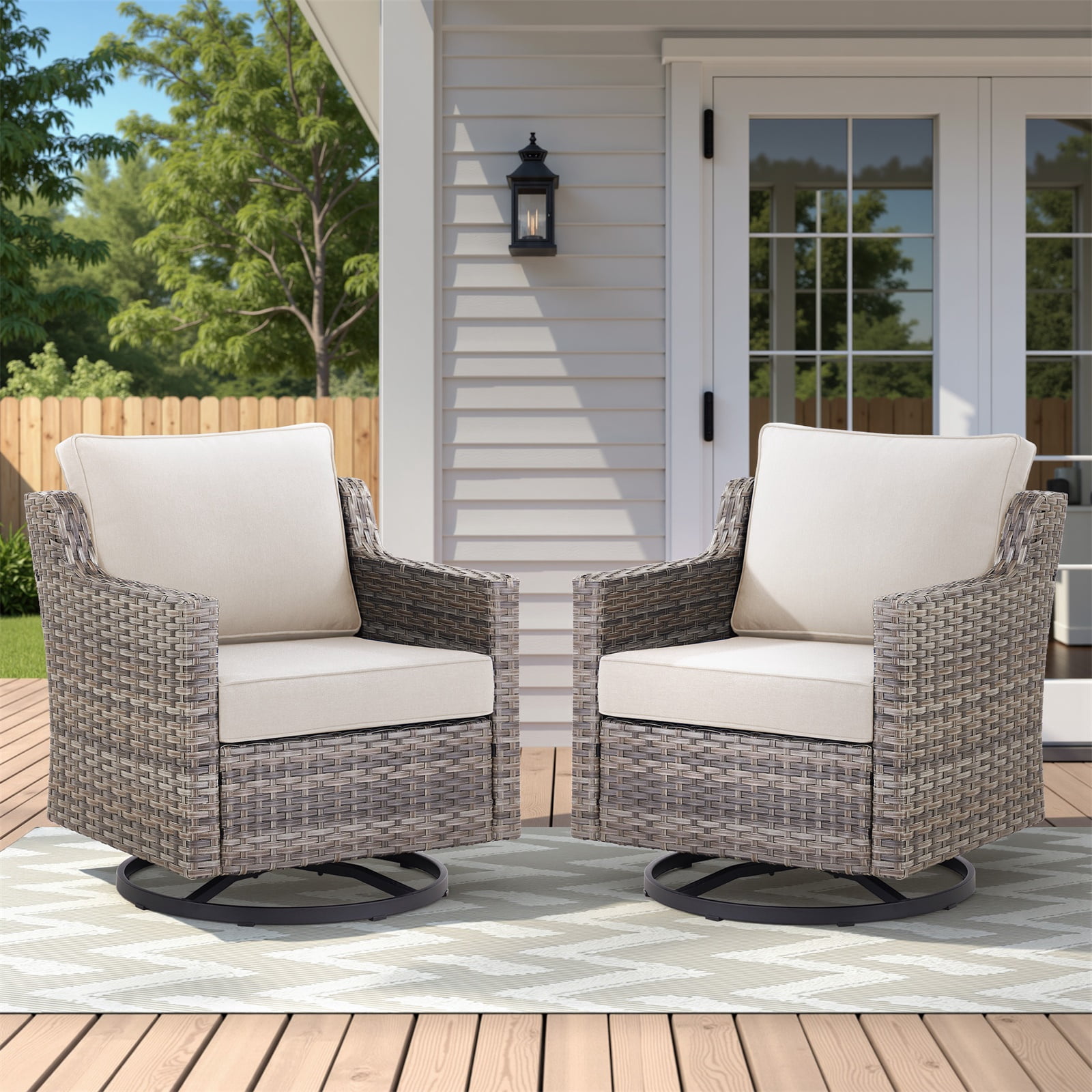 Hommoo 2-Piece Outdoor Patio Swivel Rocker Chairs, Patio Gray Wicker Furniture Swivel Chairs Set with Cushion, for Porch, Poolside, Deck, and Yard, Beige