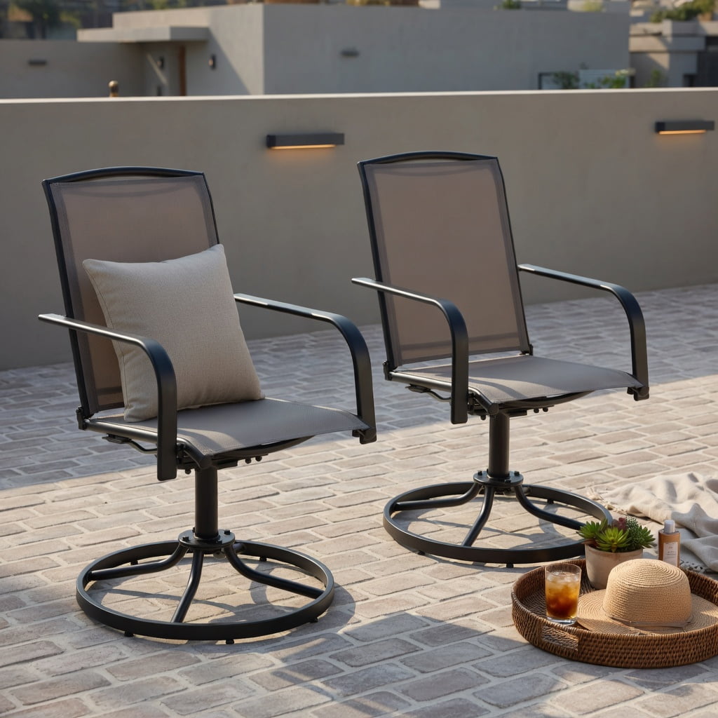 Hommoo 2-Piece Outdoor Swivel Chair Set, High-Back, Breathable Mesh Seat, 360° Rotating & Gentle Rocking, Metal Patio Chairs for Deck, Porch & Garden, Gray