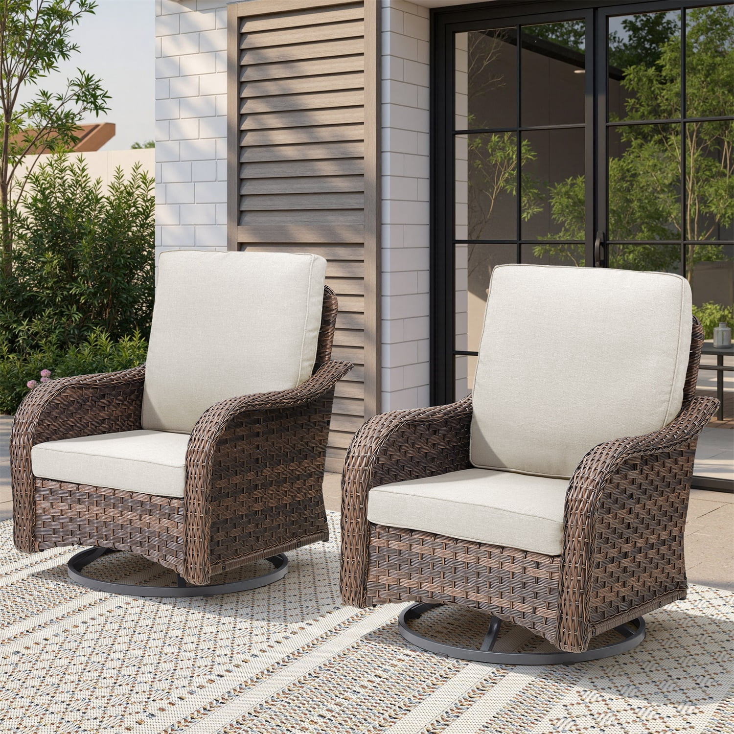 Hommoo 2-Piece Outdoor Wicker Swivel Glider Rocking Chairs, Wicker Patio Set Rocker Cushioned Chairs Set of 2 for Porch Balcony Backyard, Beige
