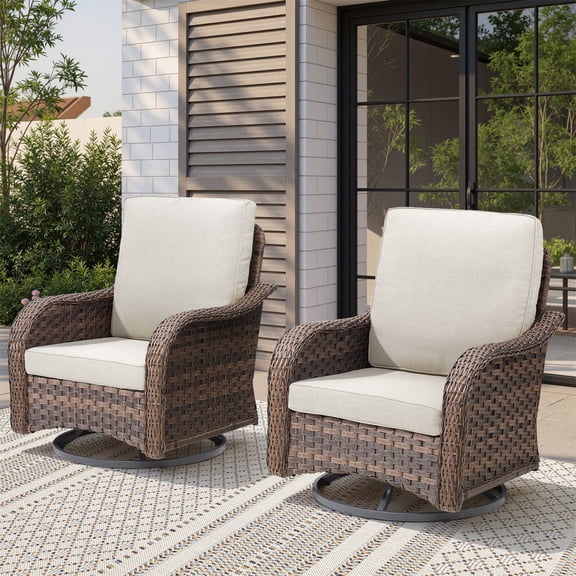 Hommoo 2-Piece Outdoor Wicker Swivel Glider Rocking Chairs, Wicker Patio Set Rocker Cushioned Chairs Set of 2 for Porch Balcony Backyard, Beige