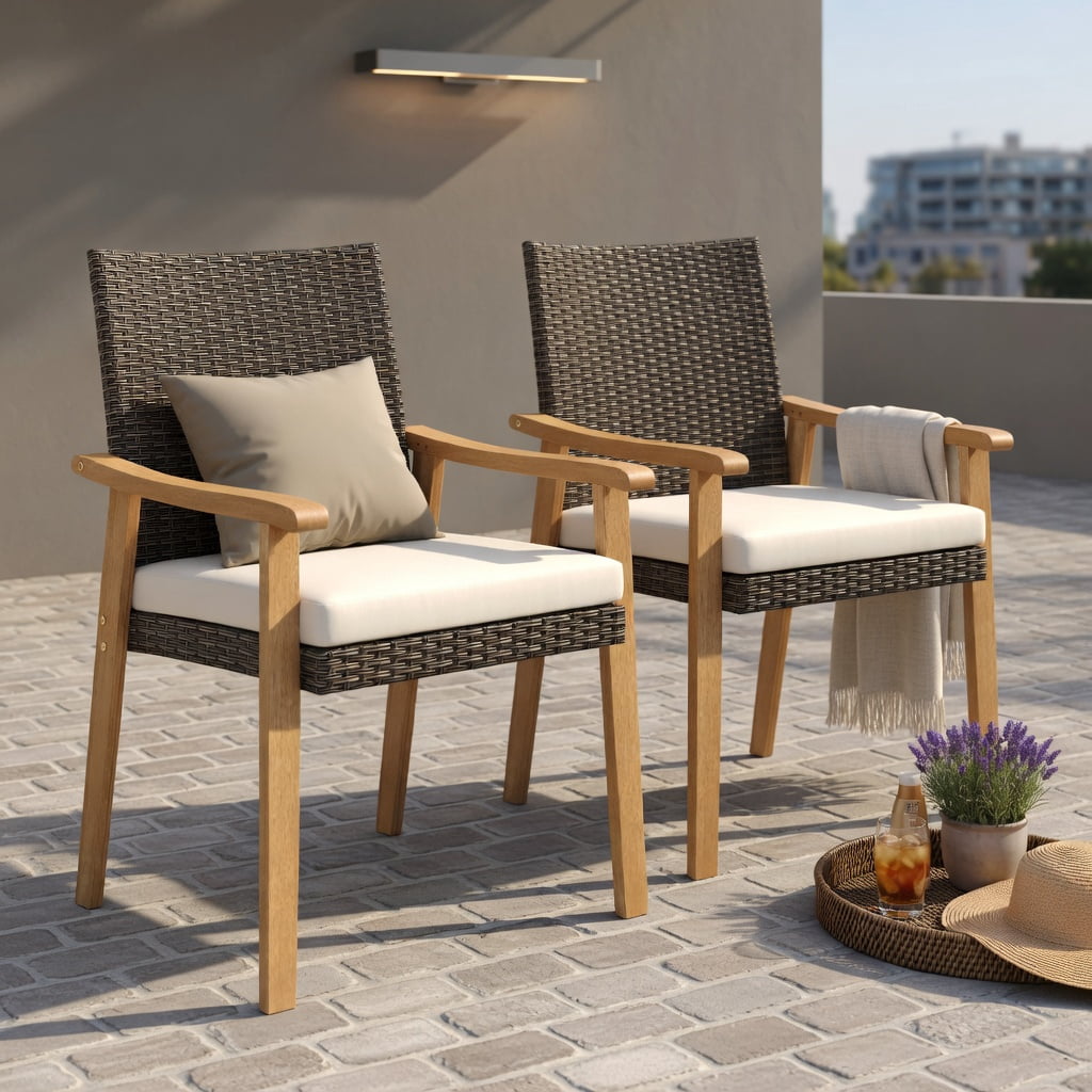 Hommoo 2-Piece PE Rattan Outdoor Dining Chair Set with Removable Cushions & Natural Acacia Wood Armrests, Weather-Resistant Patio Seating for Backyard, Deck or Garden, White