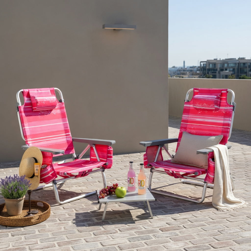 Hommoo 2-Piece Portable Outdoor Folding Beach Chair Set with Side Table, 5-Position Reclining Aluminum Chairs + Compact Folding Table, Hot Pink