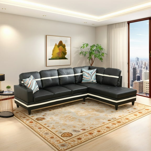 Hommoo 2-Piece Semi PU Synthetic Leather Living Room Furniture Set, L-Shaped Sectional Couches and Sofa Set, Right Side, No Ottomans,Black And White