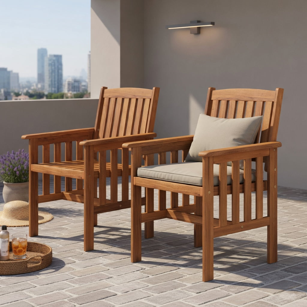 Hommoo 2-Piece Solid Wood Outdoor Patio Chairs Set, Ergonomic Slatted Seat, Inclined Backrest & Armrests for Porch, Balcony & Backyard, Natural