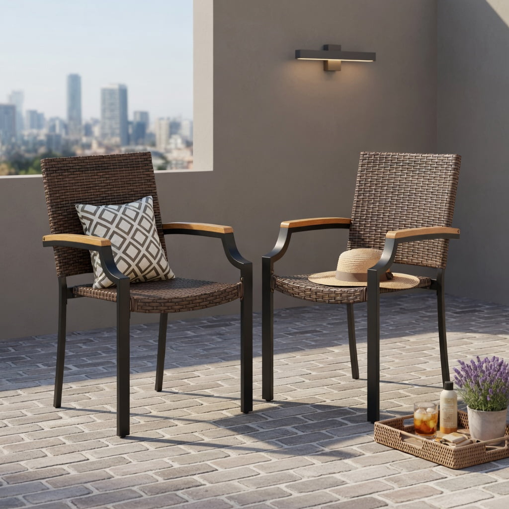 Hommoo 2-Piece Stackable Outdoor Dining Chairs, PE Rattan Wicker with Acacia Wood Armrests, Heavy-Duty Metal Frame, Weather-Resistant Patio Seating for Backyard, Porch & Garden, Brown