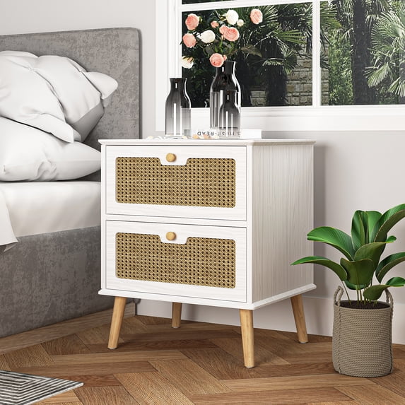 Hommoo 2 Rattan Drawers Nightstand, Modern Wood Side Table Bedside End Table, Night Stand Storage Cabinet for Living Room Bedroom, White