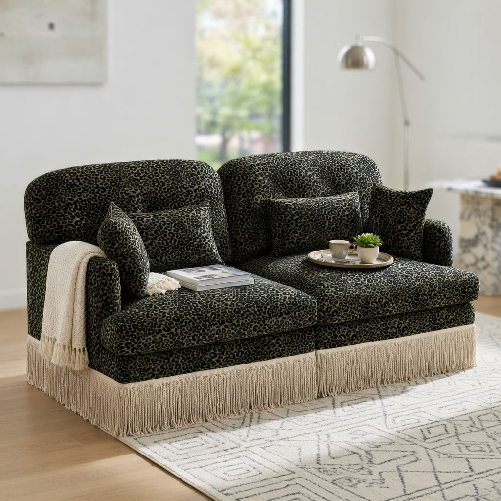 Hommoo 2-Seat Leopard Print Chenille Loveseat Sofa with Tassel Trim, Modern Modular Sectional Couch, Ergonomic Deep Seat Design, Easy Assembly, Living Room Sofa, Green Black