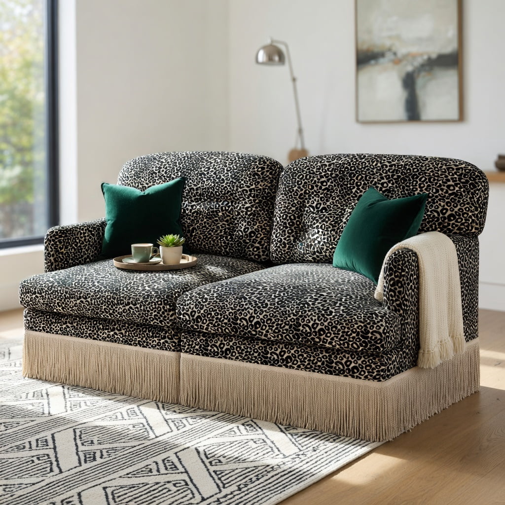 Hommoo 2-Seat Leopard Print Chenille Loveseat Sofa with Tassel Trim, Modular Sectional Couch for Living Room, Easy Assembly, Ergonomic Deep Seat Design, khaki
