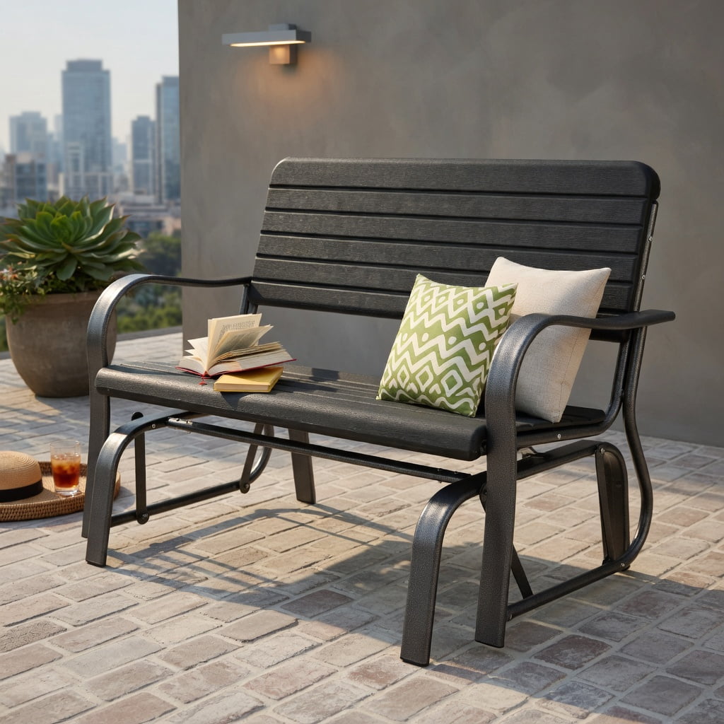 Hommoo 2-Seat Outdoor Porch Glider Chair with Heavy-Duty Steel Frame & Weather-Resistant HDPE Slats, Black
