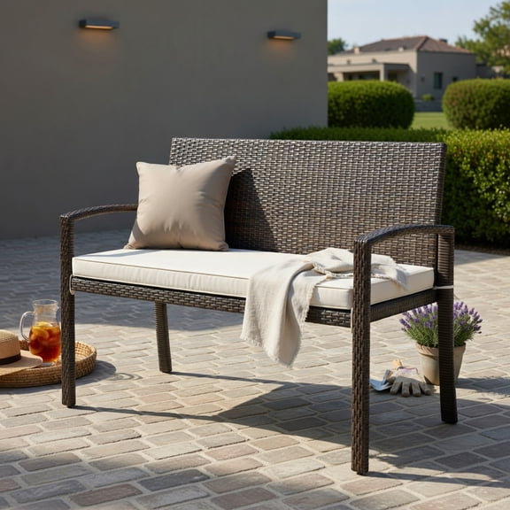 Hommoo 2-Seat Outdoor Wicker Loveseat Bench with Removable Off-White Cushions, PE Rattan & Metal Frame, Patio Garden Poolside Seating, Natural