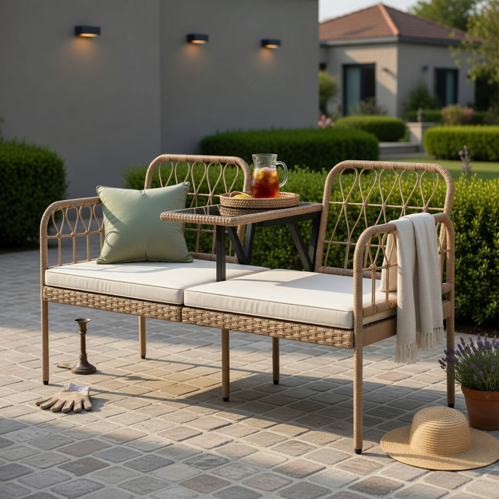 Hommoo 2-Seat White PE Rattan Outdoor Loveseat with Built-in Tempered Glass Table & Removable Cushions for Patio, Porch, Backyard, Natural