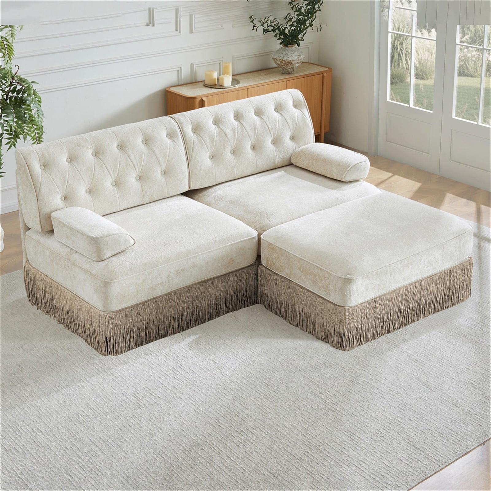 Hommoo 2-Seater Chesterfield Style Velvet Fabric L-Shaped Sectional Sofa, Tufted Button Upholstered Design and Floor-grazing Tassel, Free Combination Sofa Couch Set, for Home, Beige