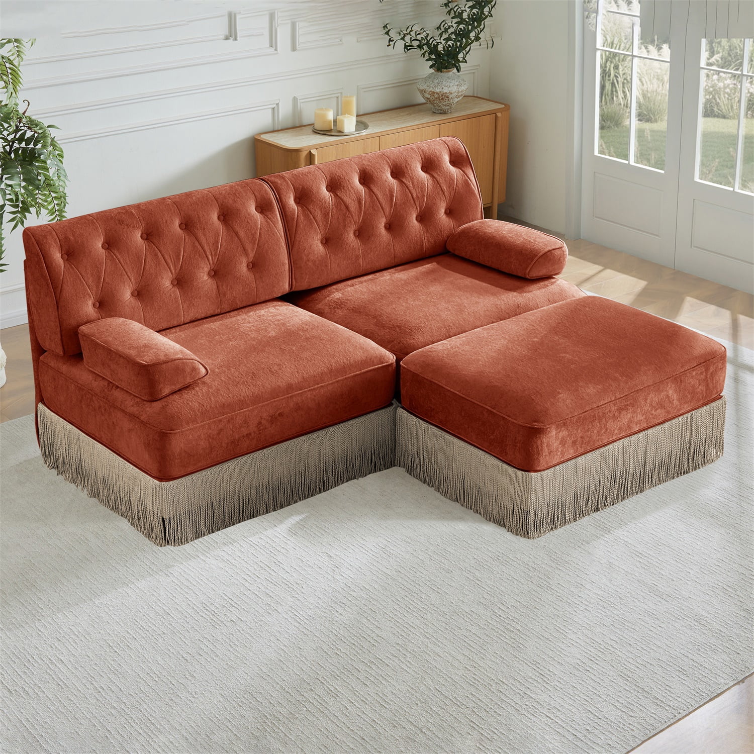 Hommoo 2-Seater Chesterfield Style Velvet Fabric L-Shaped Sectional Sofa, Tufted Button Upholstered Design and Floor-grazing Tassel, Free Combination Sofa Couch Set, for Home, Red Brown