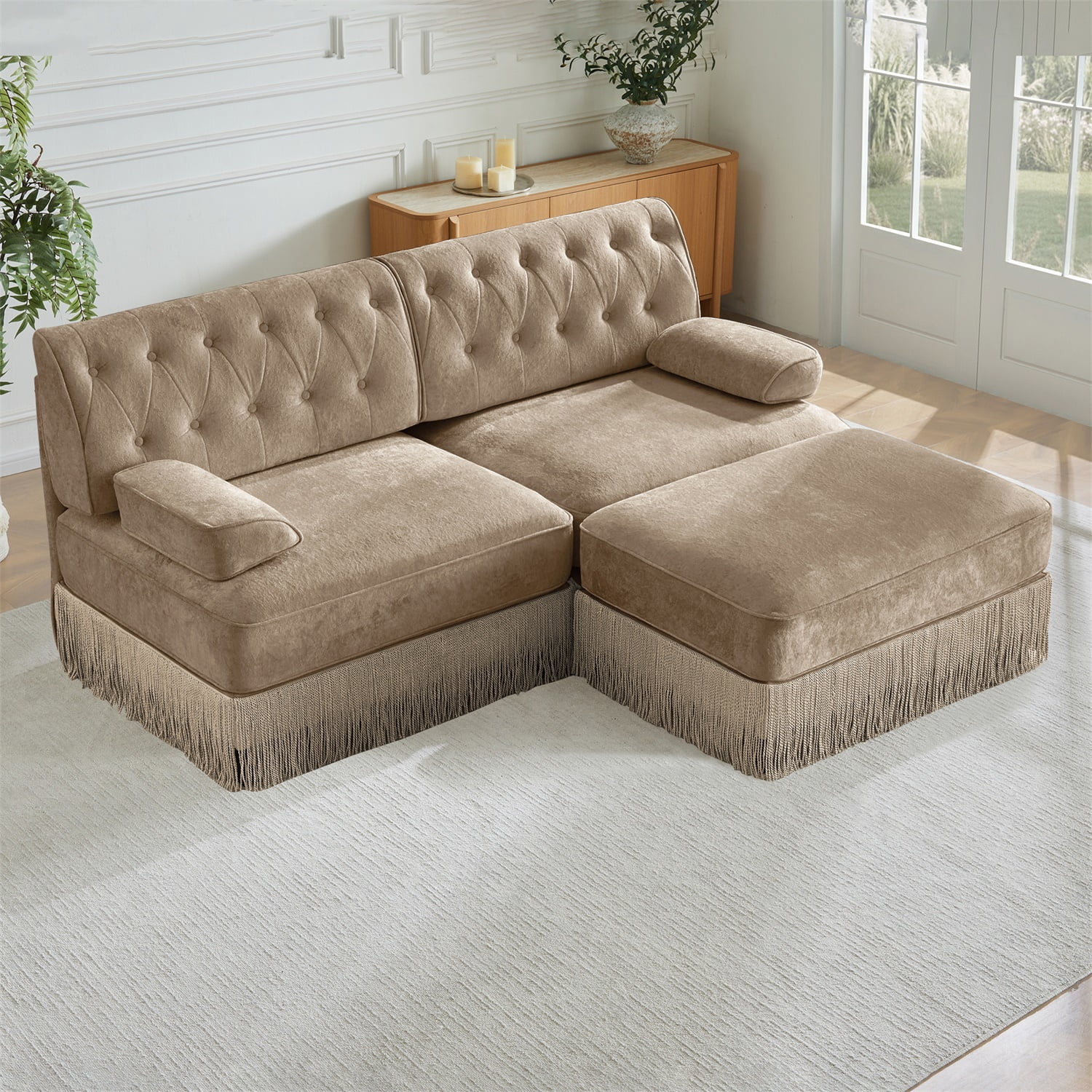 Hommoo 2-Seater Chesterfield Style Velvet Fabric L-Shaped Sectional Sofa, Tufted Button Upholstered Design and Floor-grazing Tassel, Free Combination Sofa Couch Set, for Home, Camel