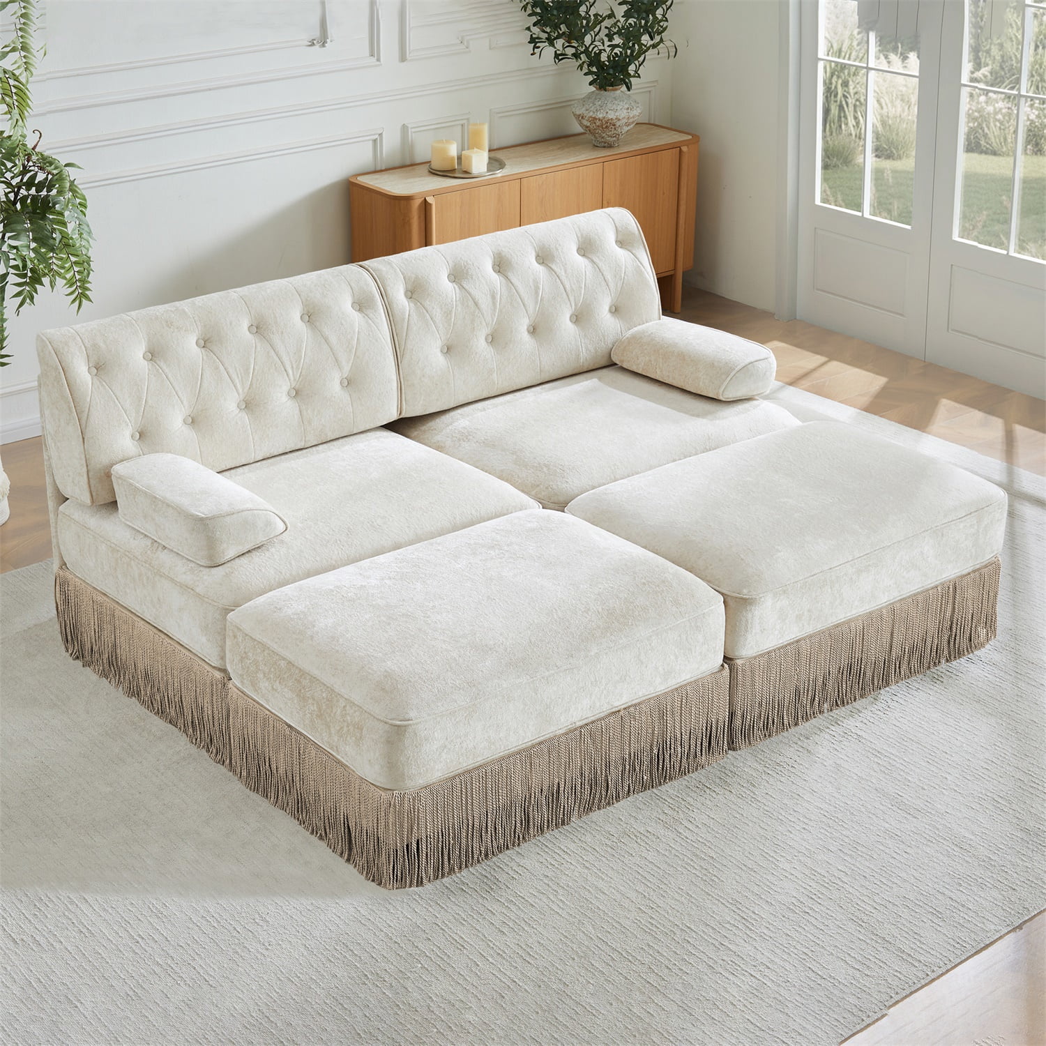 Hommoo 2-Seater Chesterfield Style Velvet Fabric Sofa Couch set with 2 Ottomans, Tufted Button Upholstered Design and Floor-grazing Tassel, Free Combination Sectional Sofa, for Home, Beige