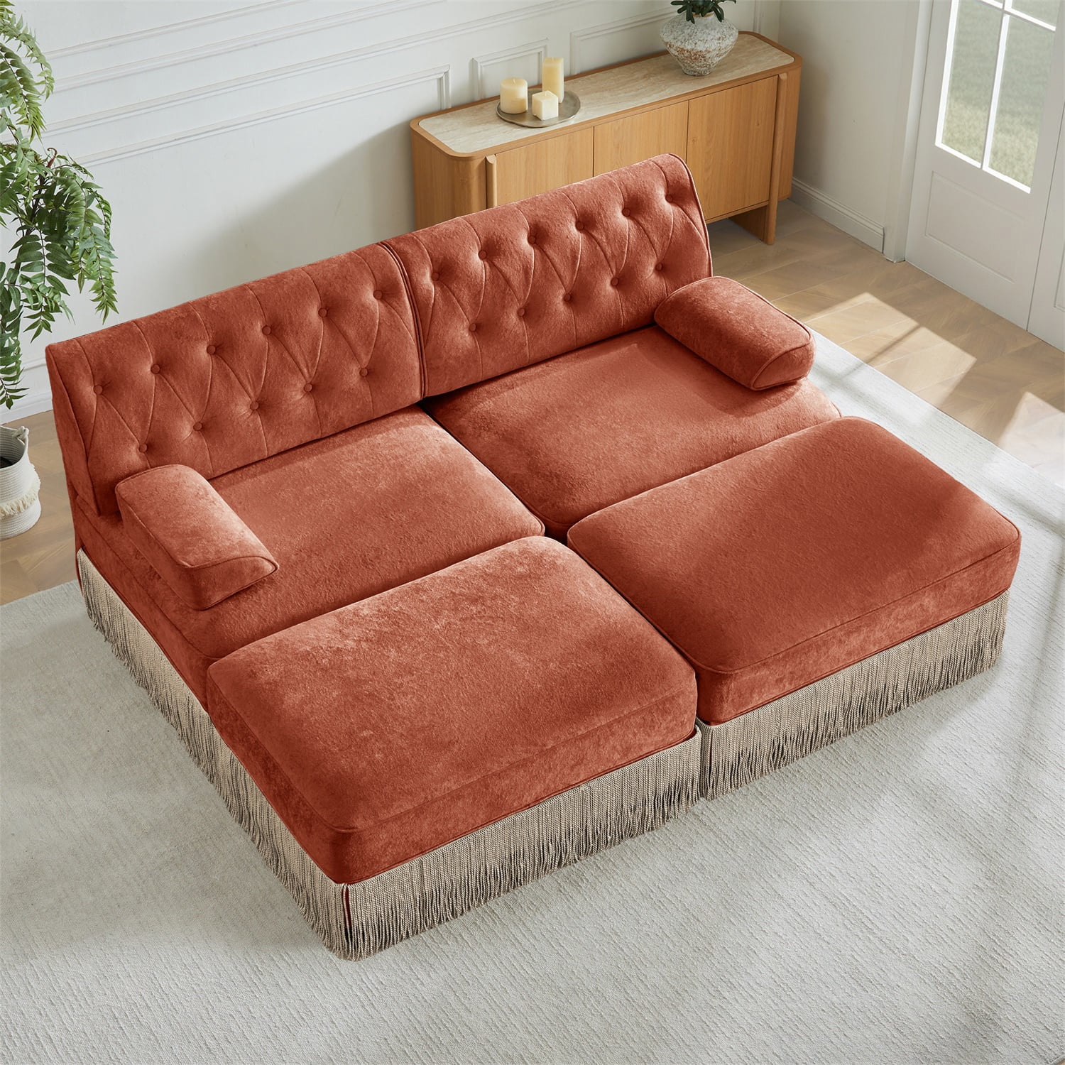 Hommoo 2-Seater Chesterfield Style Velvet Fabric Sofa Couch set with 2 Ottomans, Tufted Button Upholstered Design and Floor-grazing Tassel, Free Combination Sectional Sofa, for Home, Red Brown