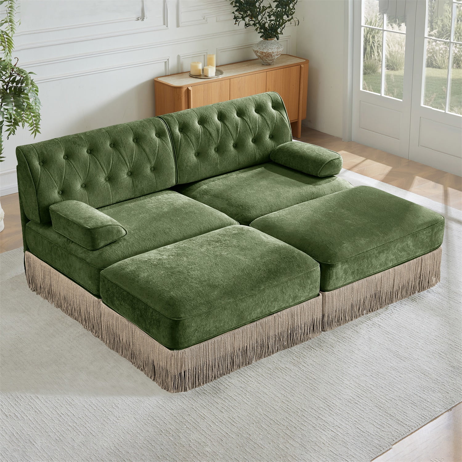 Hommoo 2-Seater Chesterfield Style Velvet Fabric Sofa Couch set with 2 Ottomans, Tufted Button Upholstered Design and Floor-grazing Tassel, Free Combination Sectional Sofa, for Home, Green