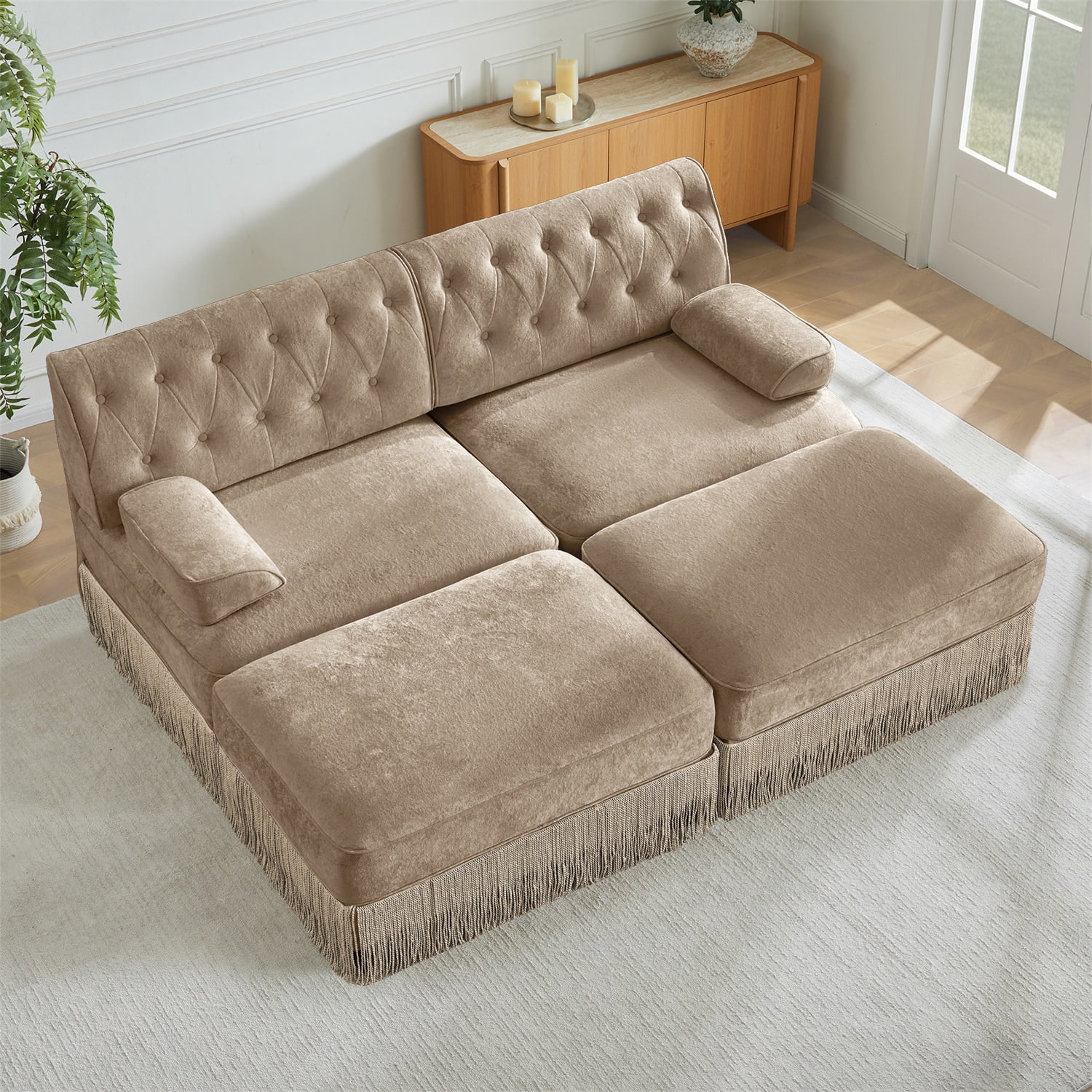 Hommoo 2-Seater Chesterfield Style Velvet Fabric Sofa Couch set with 2 Ottomans, Tufted Button Upholstered Design and Floor-grazing Tassel, Free Combination Sectional Sofa, for Home, Camel