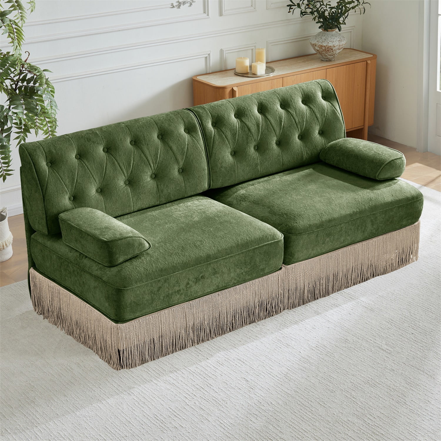 Hommoo 2-Seater Chesterfield Style Velvet Fabric Sofa Couch set, Tufted Button Upholstered Design and Floor-grazing TasseL, Free Combination Sectional Sofa, for Home, Green