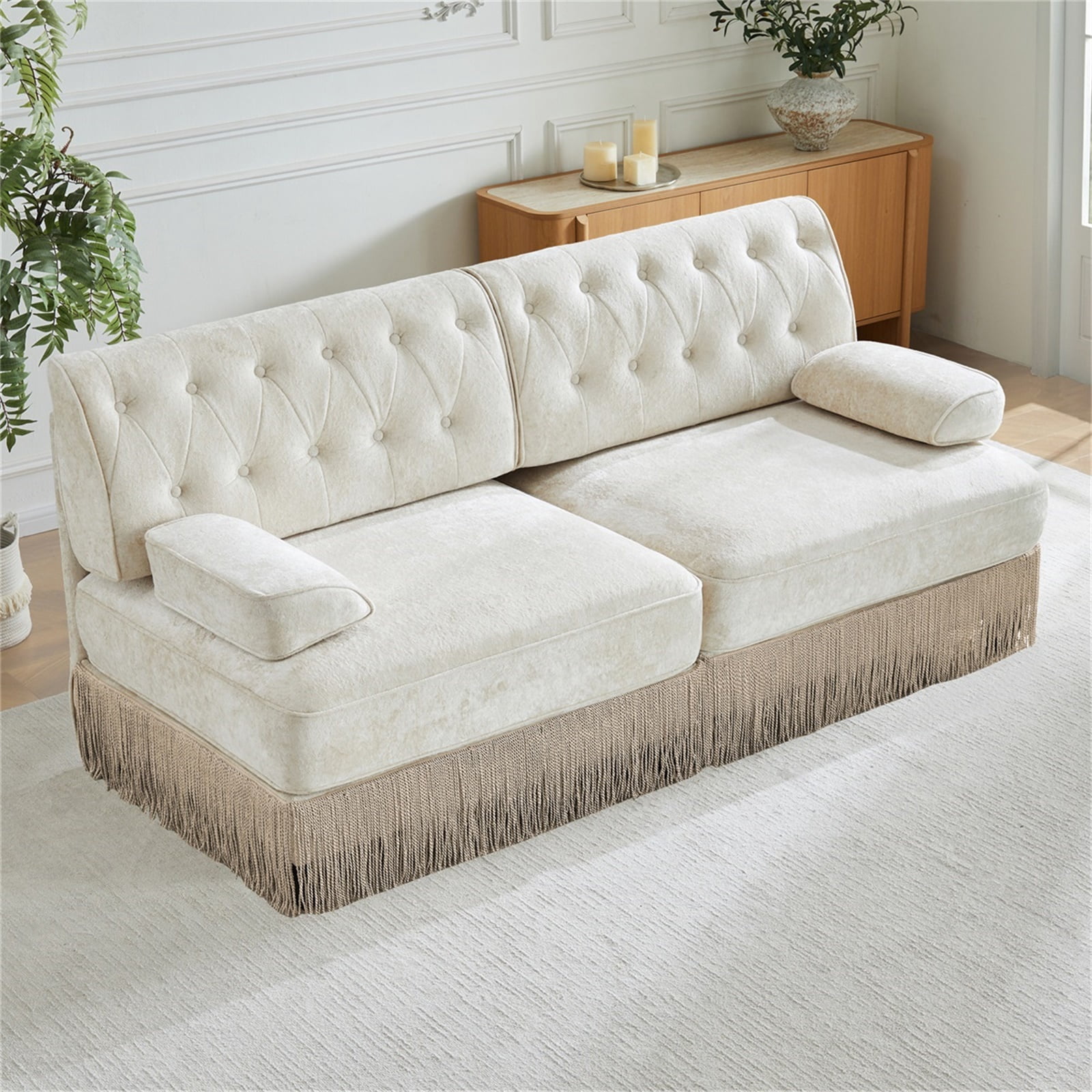 Hommoo 2-Seater Chesterfield Style Velvet Fabric Sofa Couch set, Tufted Button Upholstered Design and Floor-grazing TasseL, Free Combination Sectional Sofa, for Home, Beige
