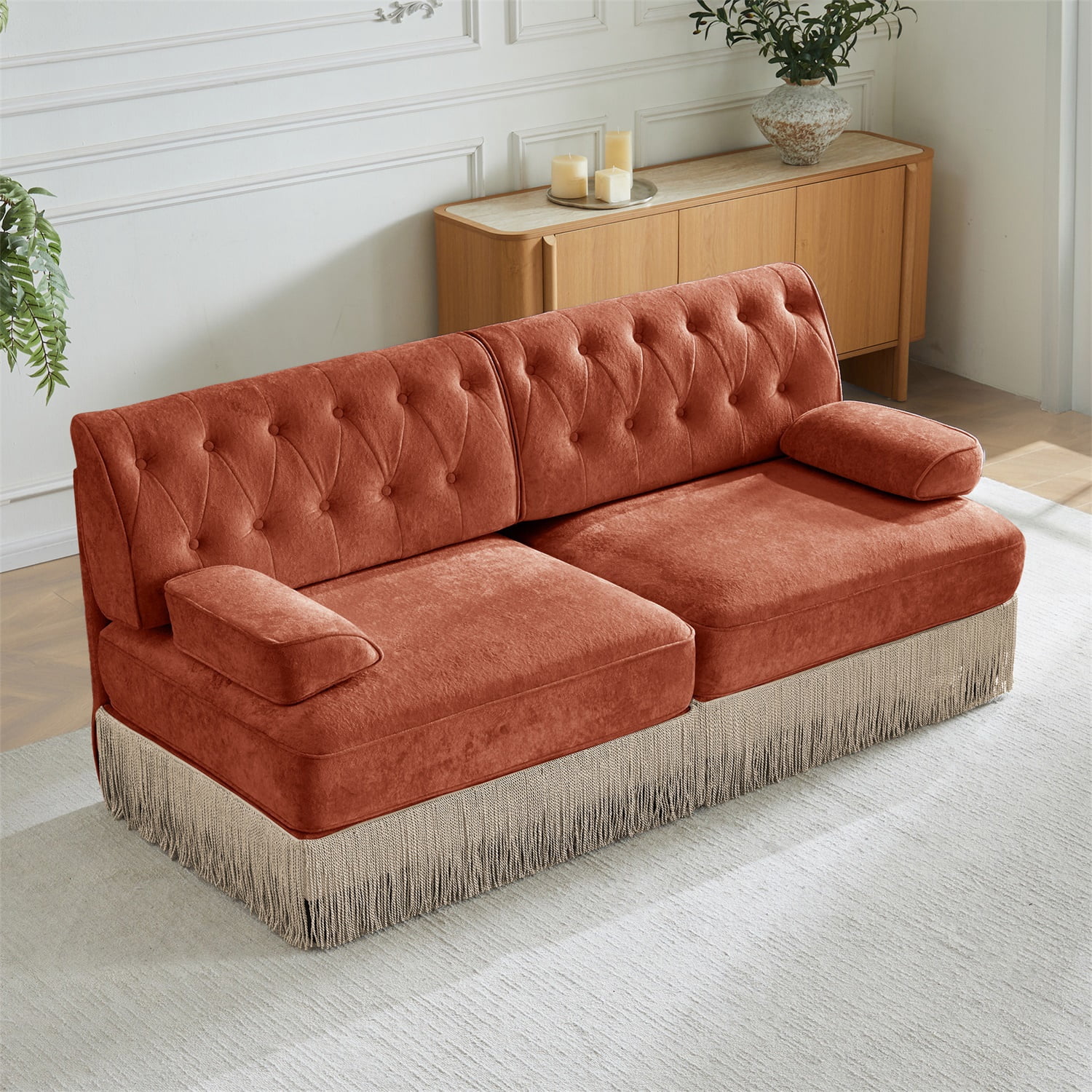 Hommoo 2-Seater Chesterfield Style Velvet Fabric Sofa Couch set, Tufted Button Upholstered Design and Floor-grazing TasseL, Free Combination Sectional Sofa, for Home, Red Brown