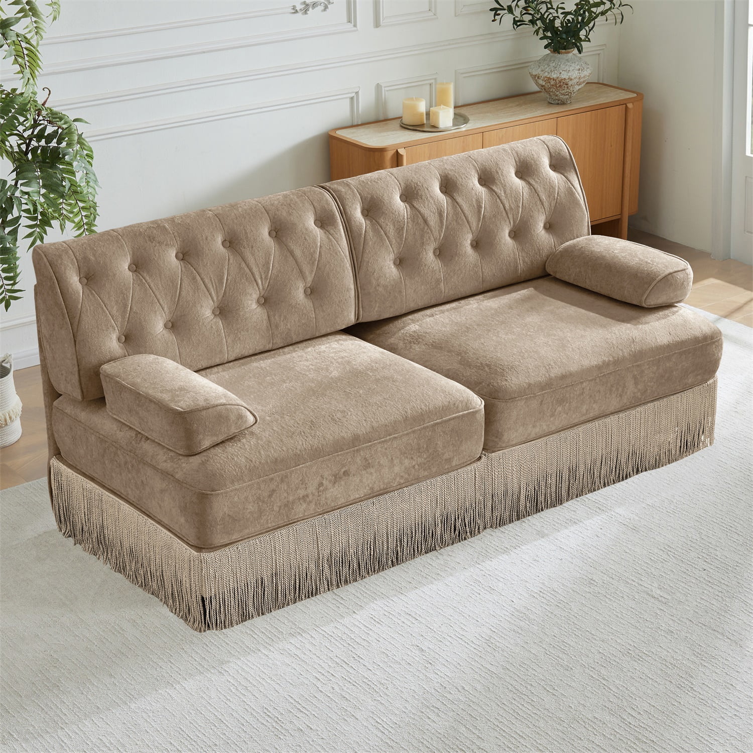 Hommoo 2-Seater Chesterfield Style Velvet Fabric Sofa Couch set, Tufted Button Upholstered Design and Floor-grazing TasseL, Free Combination Sectional Sofa, for Home, Camel