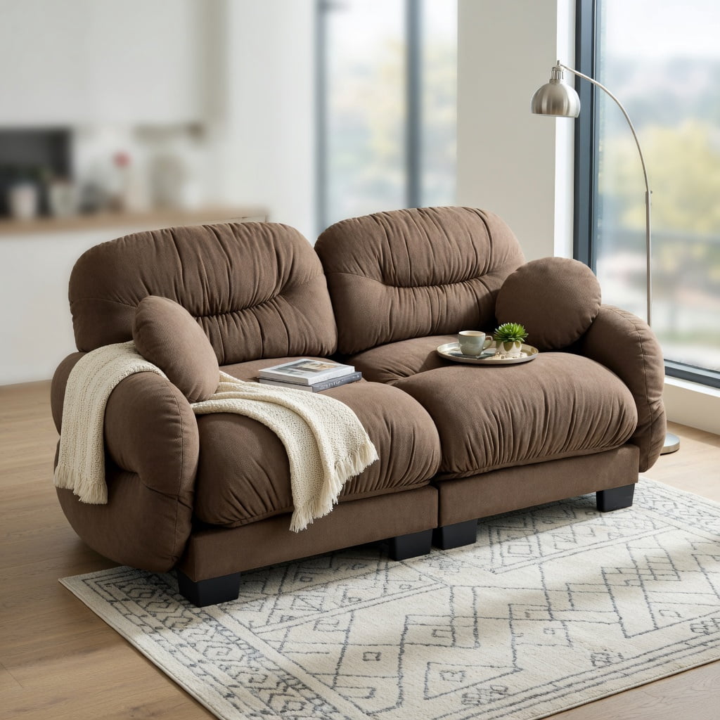 Hommoo 2-Seater Modular Chenille Sofa, Pleated Back Design, Ergonomic High-Density Foam, Curved Armrests & 2 Throw Pillows, Brown