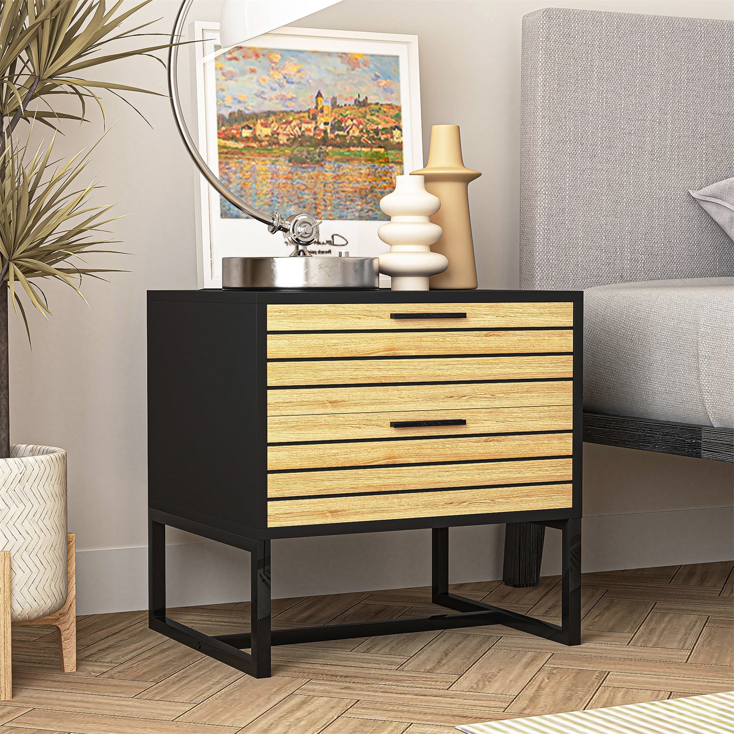 Hommoo 2 Tier Modern Nightstand, Wooden Bedside Table with Metal Leg, Night Stand Storage Cabinet, Black