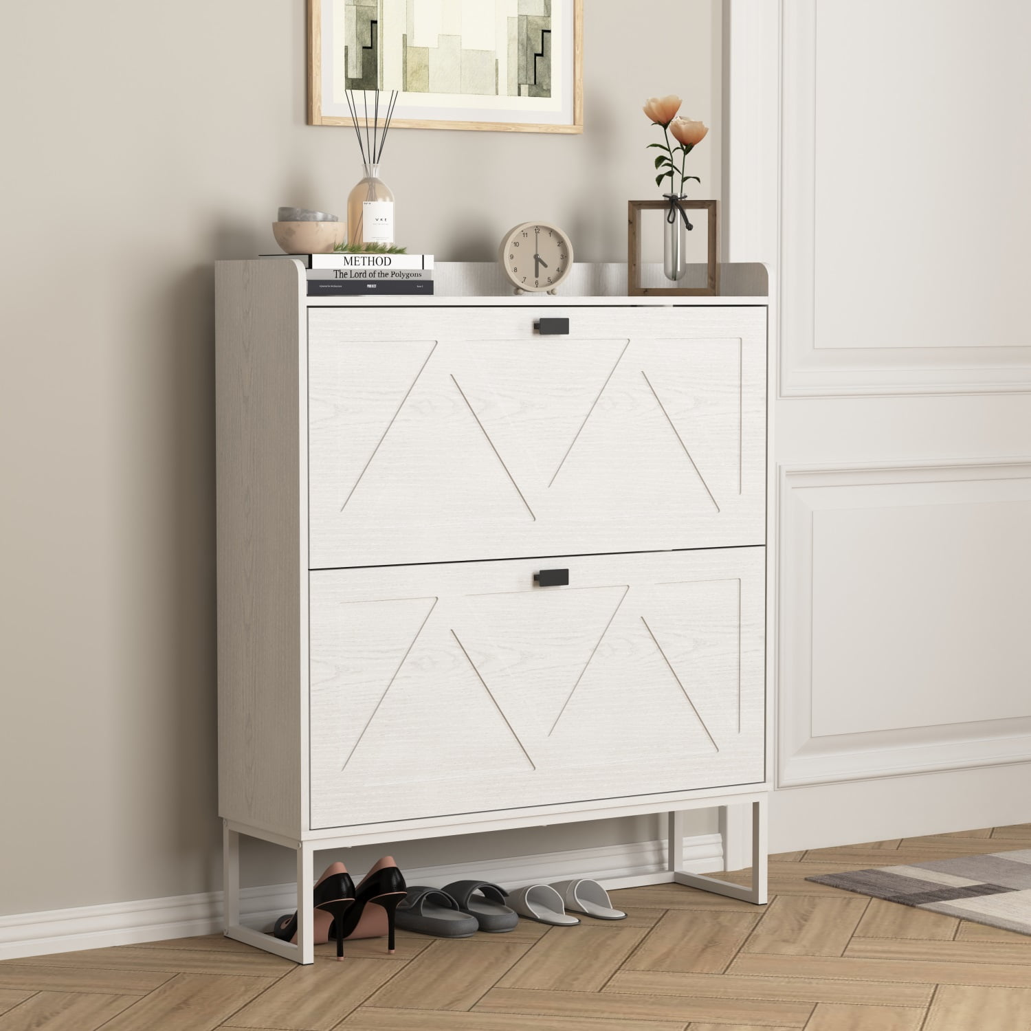 Hommoo 2 Tiers Shoe Cabinet, Shoe Storage Cabinet with Black Handle, Shoe Rack Organizer for Entryway Hallway Bedroom Closet Living Room, up to 20 Pairs, White