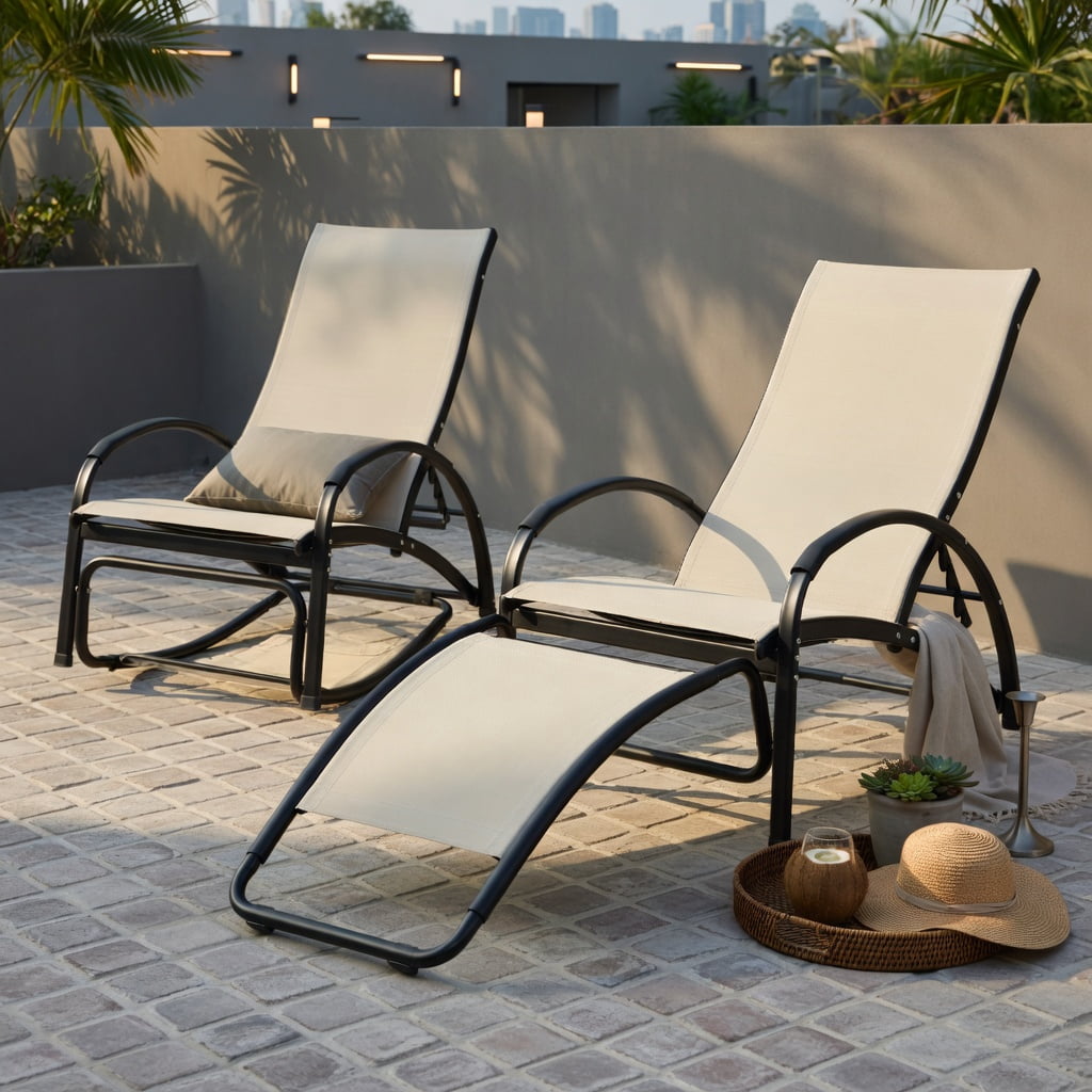 Hommoo 2-in-1 Aluminum Rocking Lounge Chair, 4-Position Adjustable Backrest, Weather-Resistant Patio Chair for Porch, Poolside & Balcony, Beige