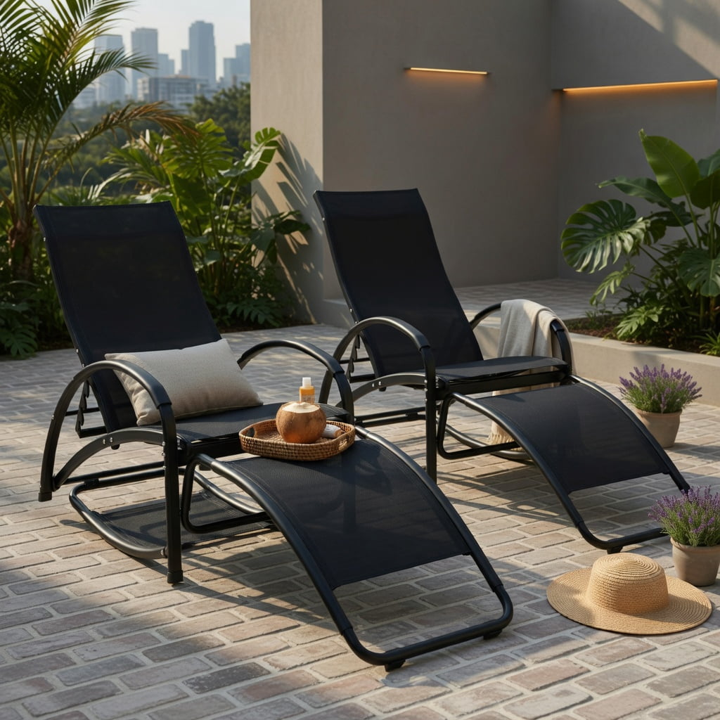 Hommoo 2-in-1 Aluminum Rocking Lounge Chair with 4-Position Adjustable Backrest, Weather-Resistant Patio, Poolside & Balcony Seating, Black