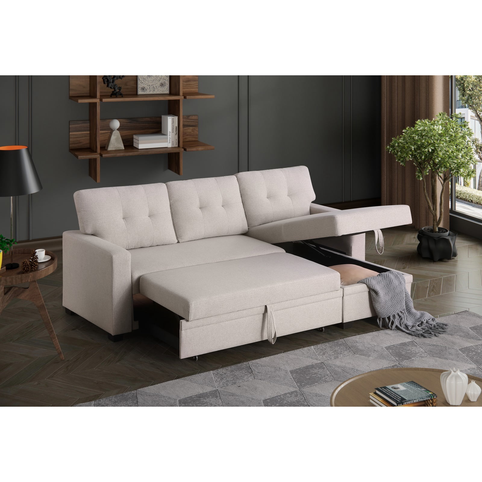 Hommoo 2 in 1 Pull Out Couch Bed Upholstered Sectional Sofa with Storage & Chaise, Convertible L Shaped Sleeper Sofa for Home,Beige