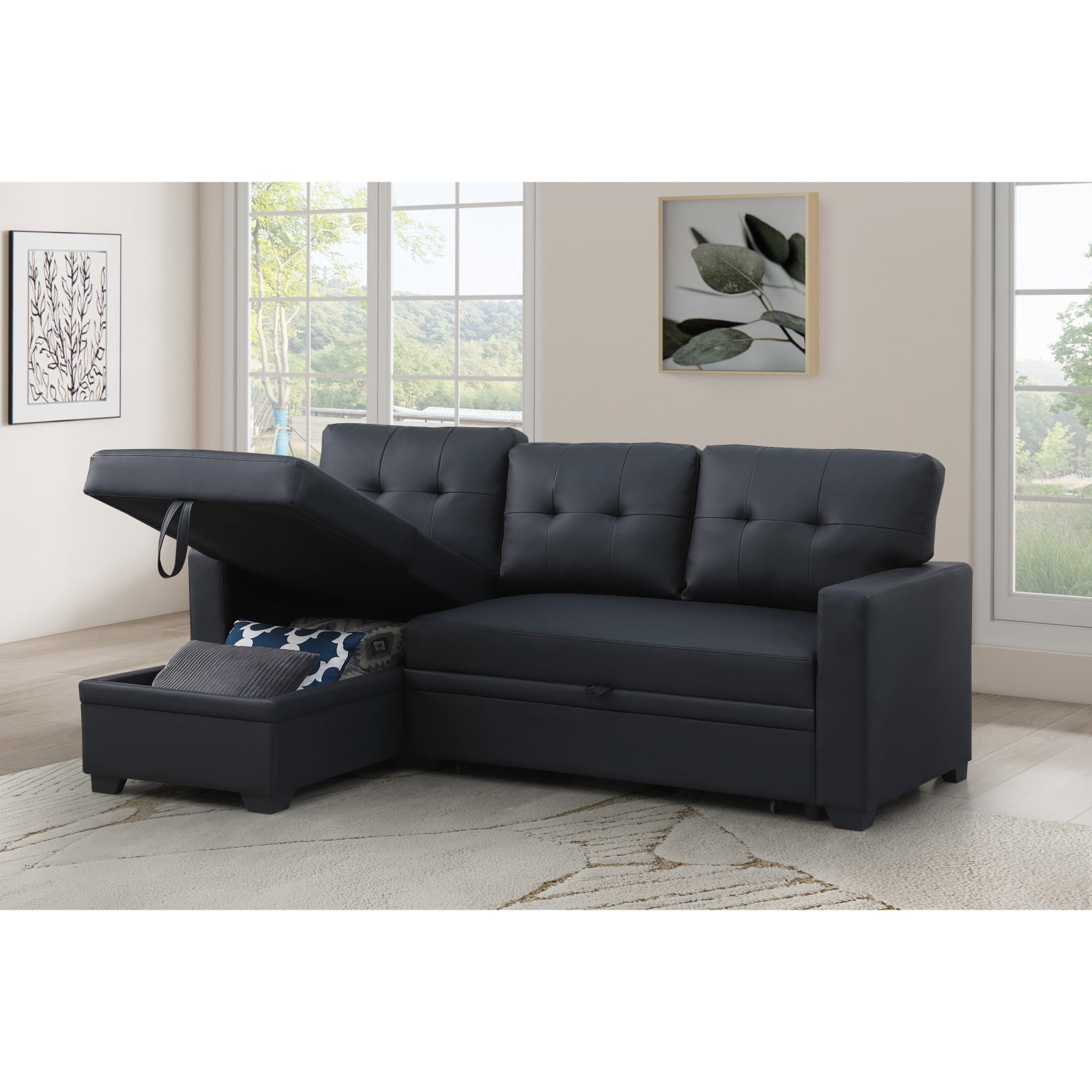 Hommoo 2 in 1 Pull Out Couch Bed Upholstered Sectional Sofa with Storage & Chaise, Convertible L Shaped Sleeper Sofa for Home,Black
