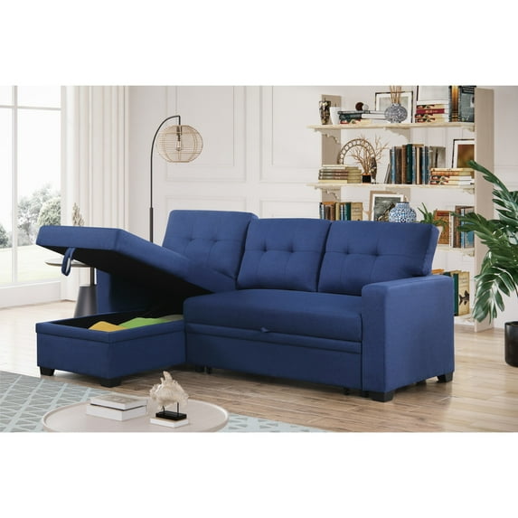 Hommoo 2 in 1 Pull Out Couch Bed Upholstered Sectional Sofa with Storage & Chaise, Convertible L Shaped Sleeper Sofa for Home,Blue