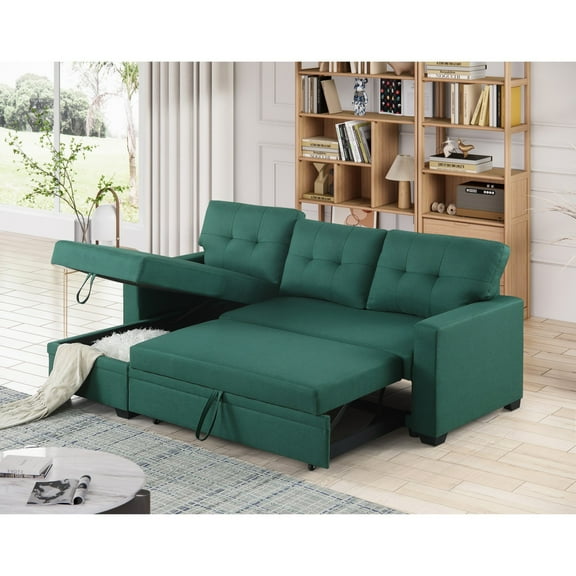 Hommoo 2 in 1 Pull Out Couch Bed Upholstered Sectional Sofa with Storage & Chaise, Convertible L Shaped Sleeper Sofa for Home,Green
