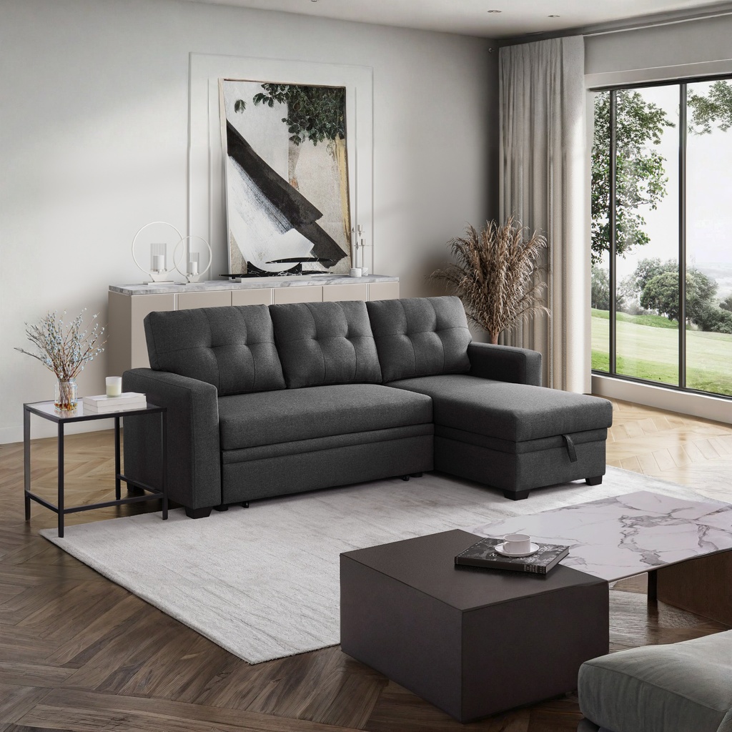 Hommoo 2 in 1 Pull Out Sofa Bed with Storage & Chaise, Linen Upholstered Sectional Sofa Convertible L Shaped Sleeper Sofa for Home,Dark Gray
