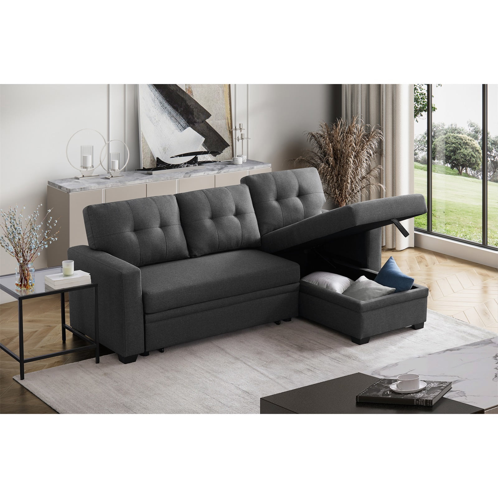Hommoo 2 in 1 Pull Out Sofa Bed with Storage & Chaise, Linen Upholstered Sectional Sofa Convertible L Shaped Sleeper Sofa for Home,Dark Gray