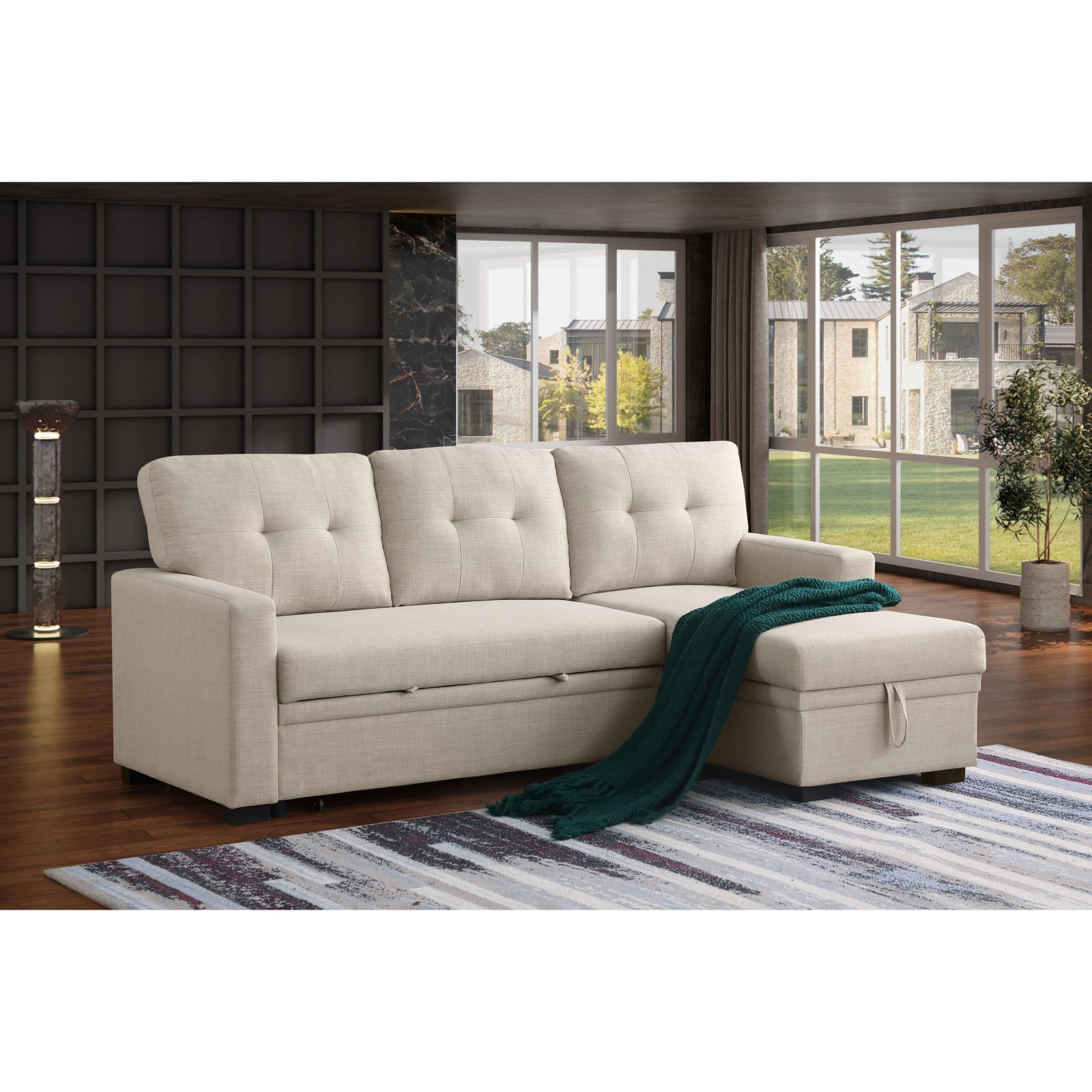 Hommoo 2 in 1 Pull Out Upholstered Sectional Sofa Bed with Storage & Chaise, Convertible L Shaped Sleeper Sofa for Home,Beige