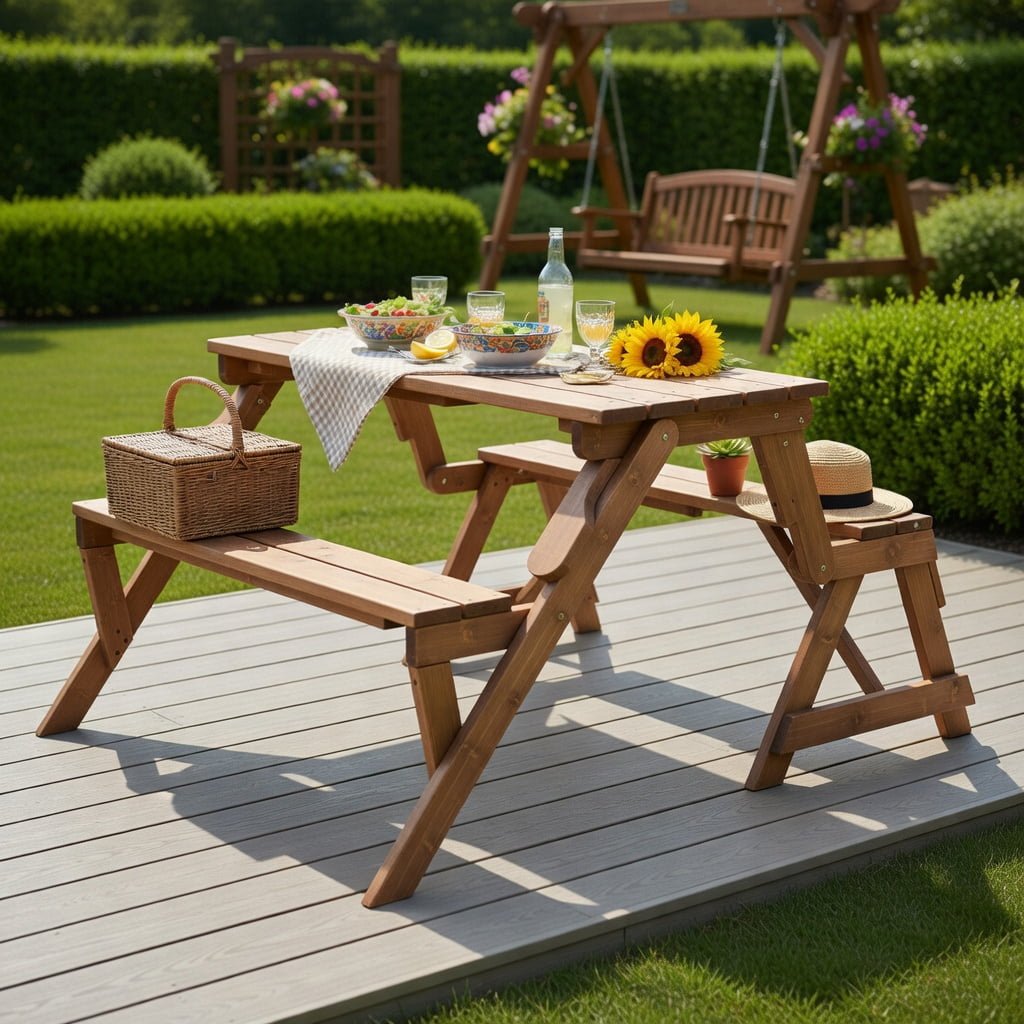 Hommoo 2-in-1 Transformable Wooden Picnic Table & Garden Bench with Umbrella Hole, Fir Wood Outdoor Furniture for Patio, Backyard, or Deck, Dark Brown