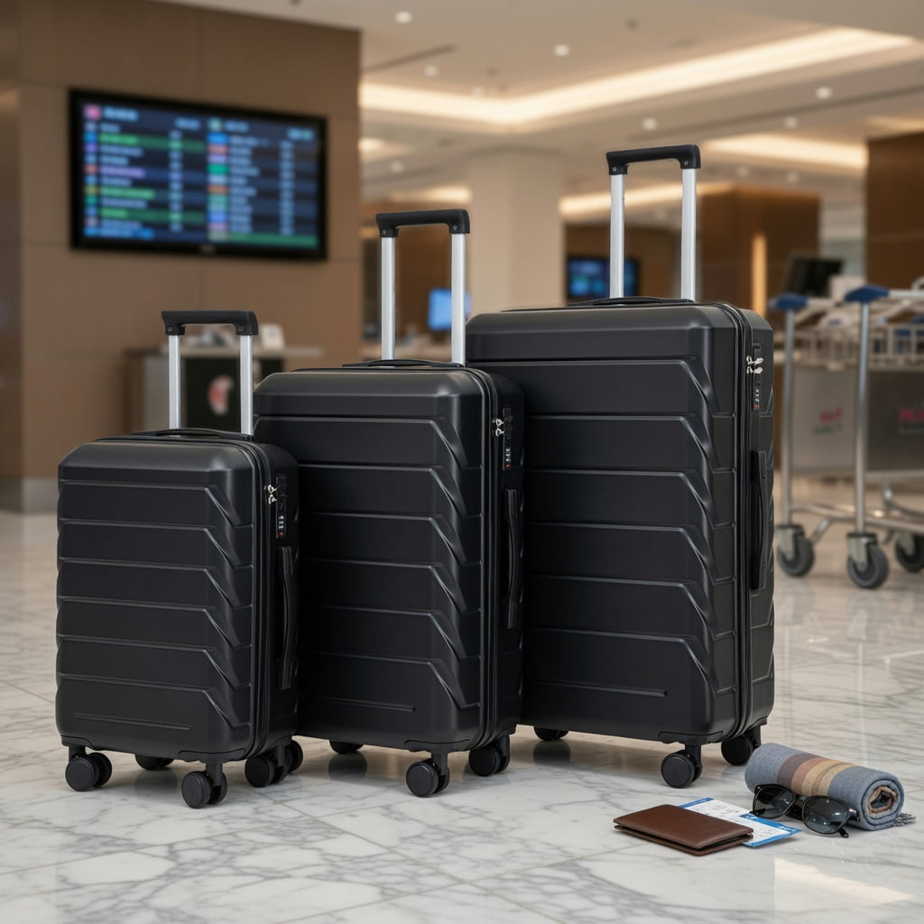 Hommoo 20", 24" & 28" ABS Hard Shell Luggage Set， 3-Piece Matching Black Spinner Suitcase with TSA Combination Lock, 360° Silent Wheels & Retractable Telescopic Handle, Black